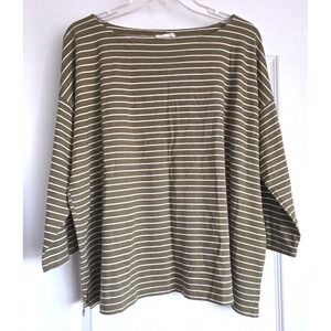 Eileen Fisher Hemp Organic Cotton Olive Cream Stripe Boatneck Lg Sleeve T Sz XXL